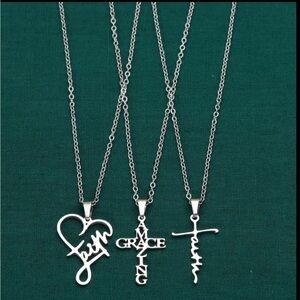 Set of 3 Stainless Steel Christian Faith Words Pendant Necklace NIP